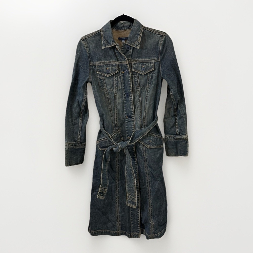 Gap Vintage Y2K Denim Trench Coat Jacket Medium Wash Blue Belted Womens XS 2002